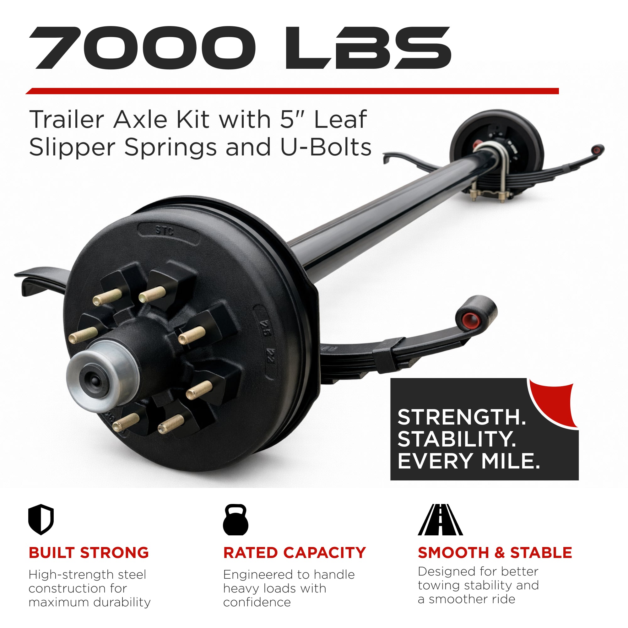 Trailer Axle - 7000 lbs (Hubs/Drums, Leaf Springs & U-Bolt Hardware)