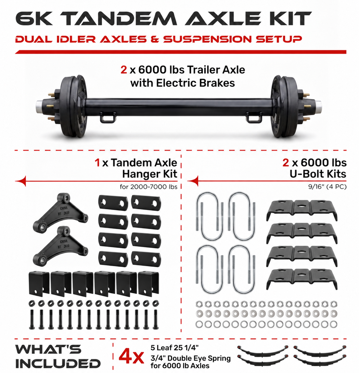 6000 lbs Tandem Axle Kit - Electric Trailer Brake Axles & Suspension