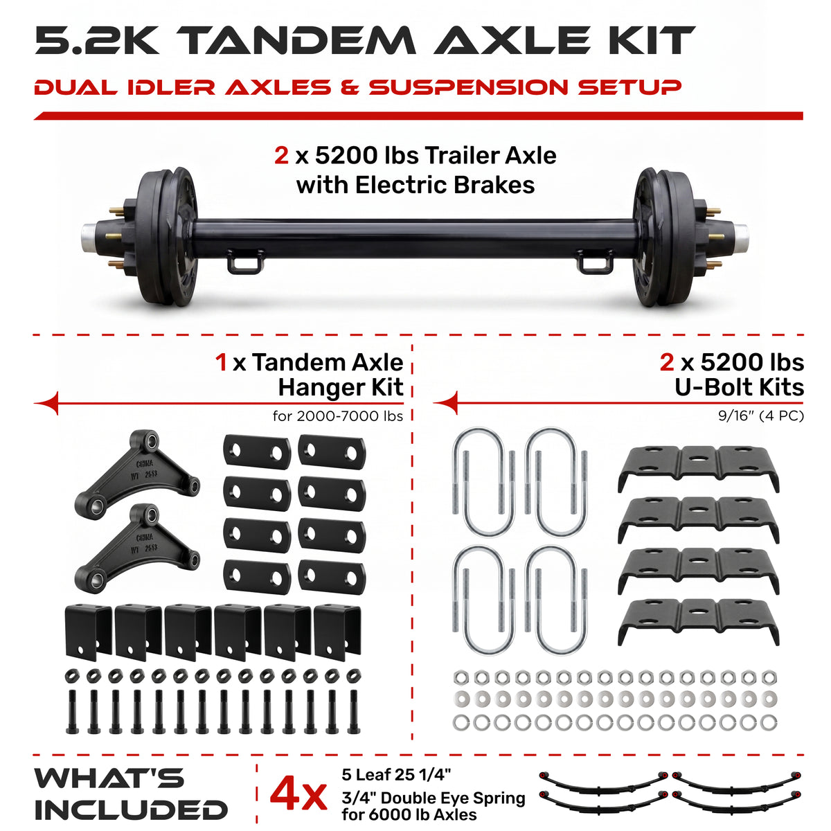 5200 lbs Tandem Axle Kit - Electric Trailer Brake Axles & Suspension