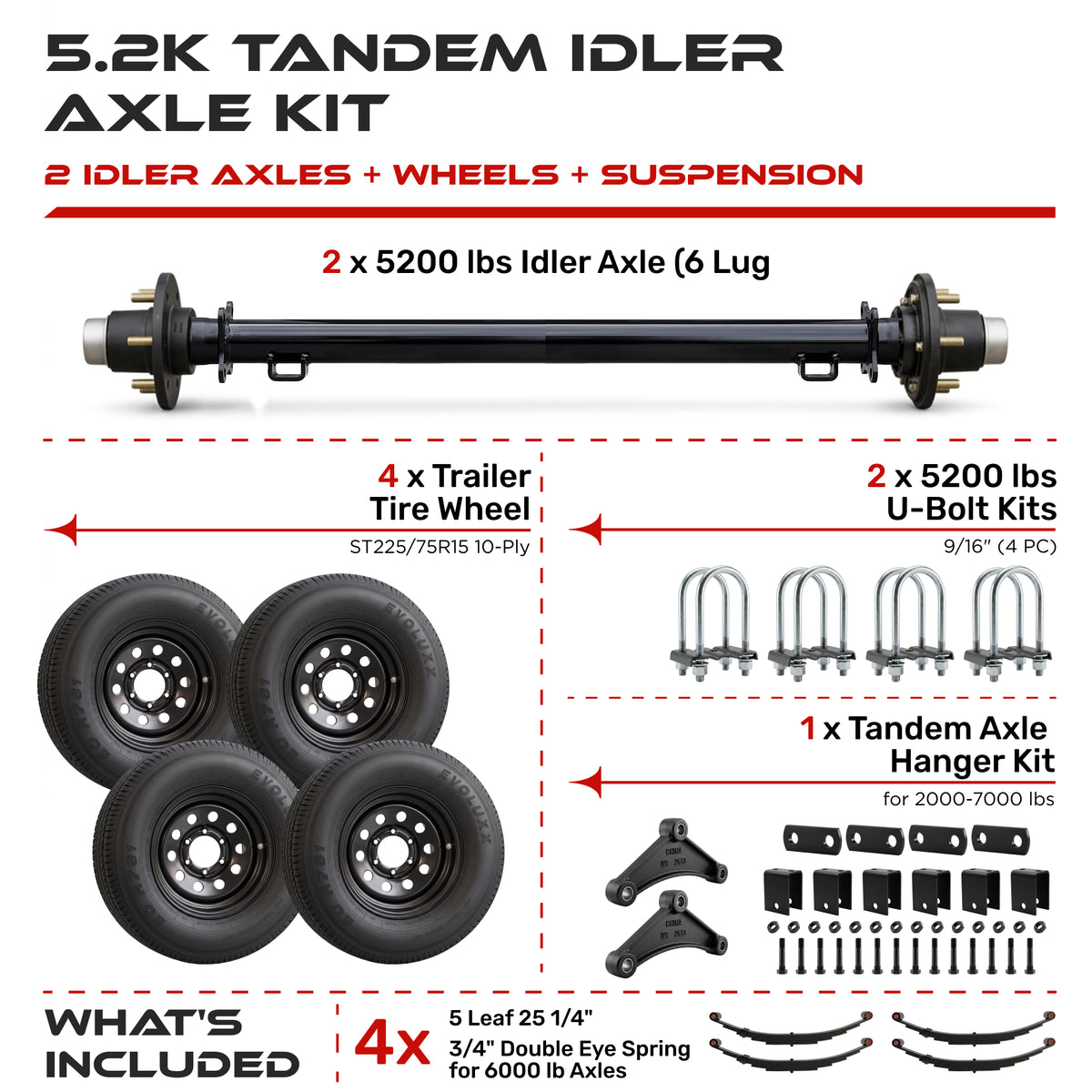 5200 lbs Tandem Trailer Axle Kit with Wheels - Dual Idler Axles