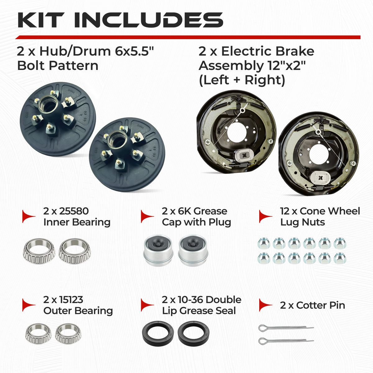 6000 lbs Trailer Hub & Drum Kit with Self-Adjusting Electric Trailer Brakes (Set of 2)