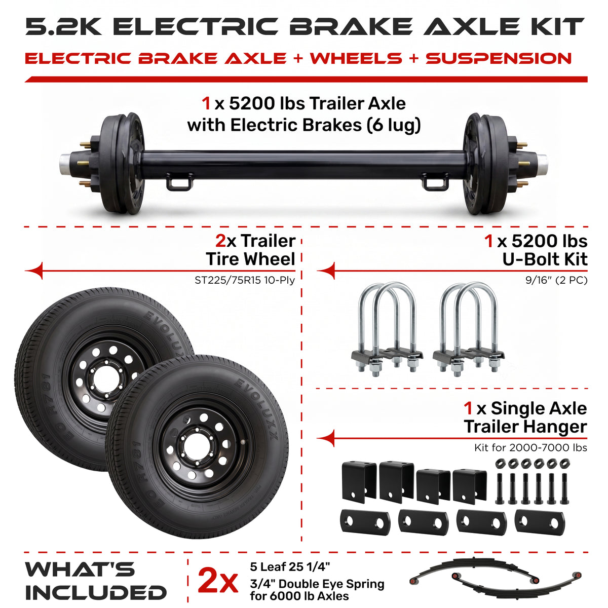 5200 lbs Single Axle Kit with Wheels - Electric Trailer Brake Axle & Suspension
