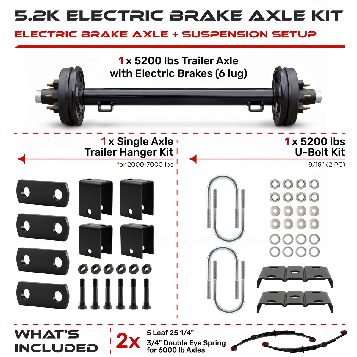 5200 lbs Trailer Axle Kit - 6 Lug Electric Brake Axle & Suspension