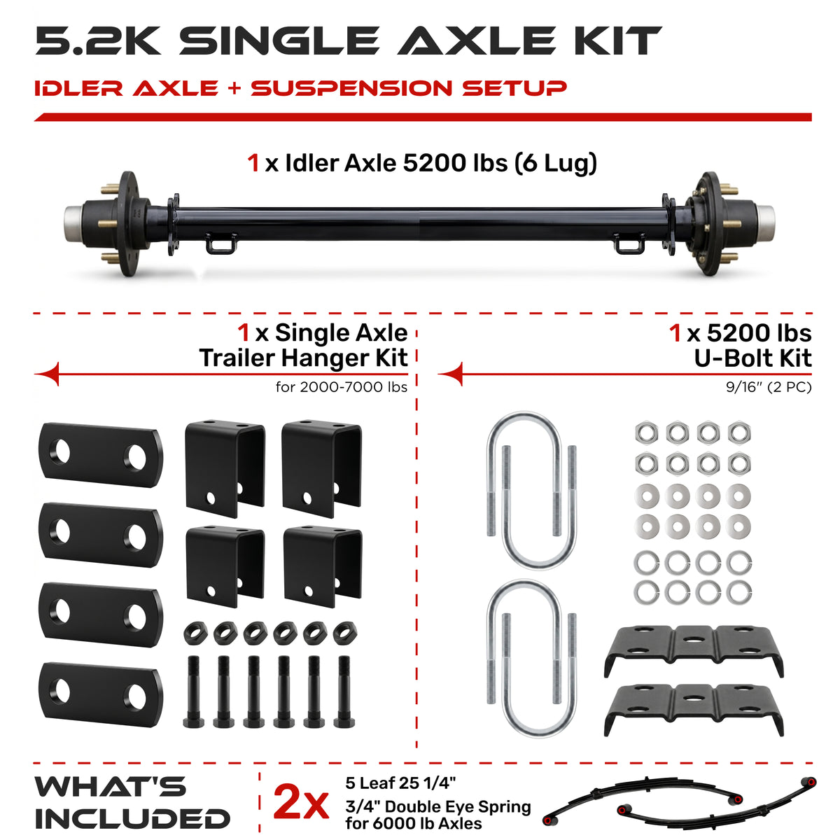 5200 lbs Trailer Axle Kit - 6 Lug Idler Axle, Double Eye Springs & Suspension