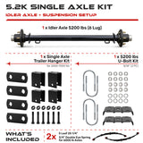 5200 lbs Trailer Axle Kit - 6 Lug Idler Axle, Double Eye Springs & Suspension