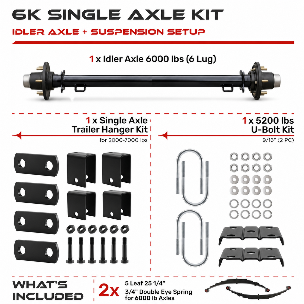 6000 lbs Trailer Axle Kit - 6 Lug Idler Axle, Double Eye Springs & Suspension