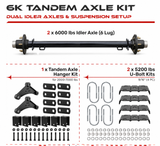 6000 lbs Tandem Trailer Axle Kit - 6 Lug Idler Axles & Suspension
