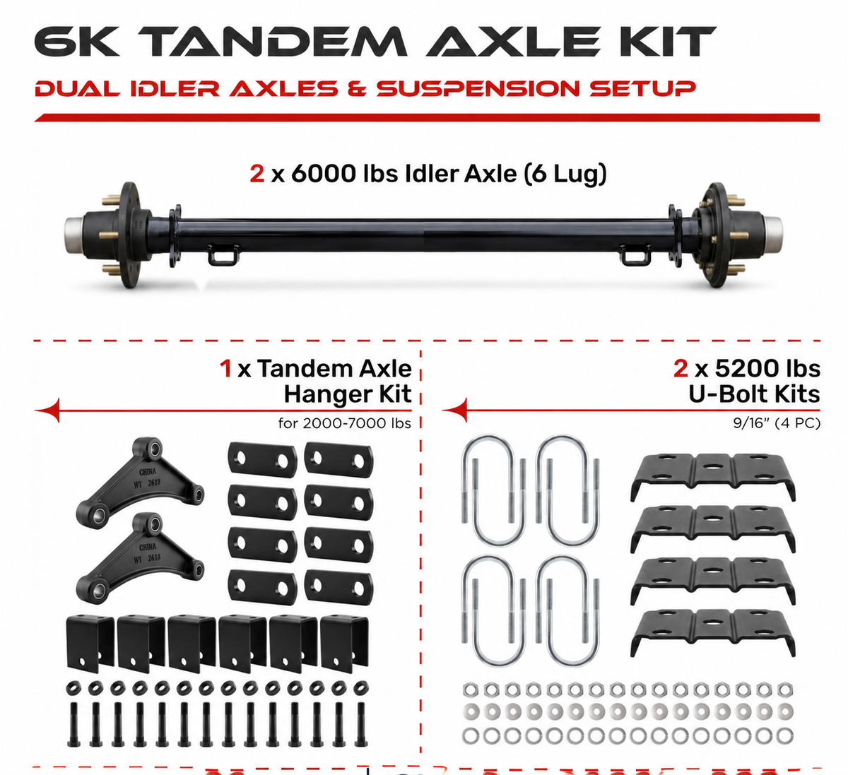 6000 lbs Tandem Trailer Axle Kit - 6 Lug Idler Axles & Suspension