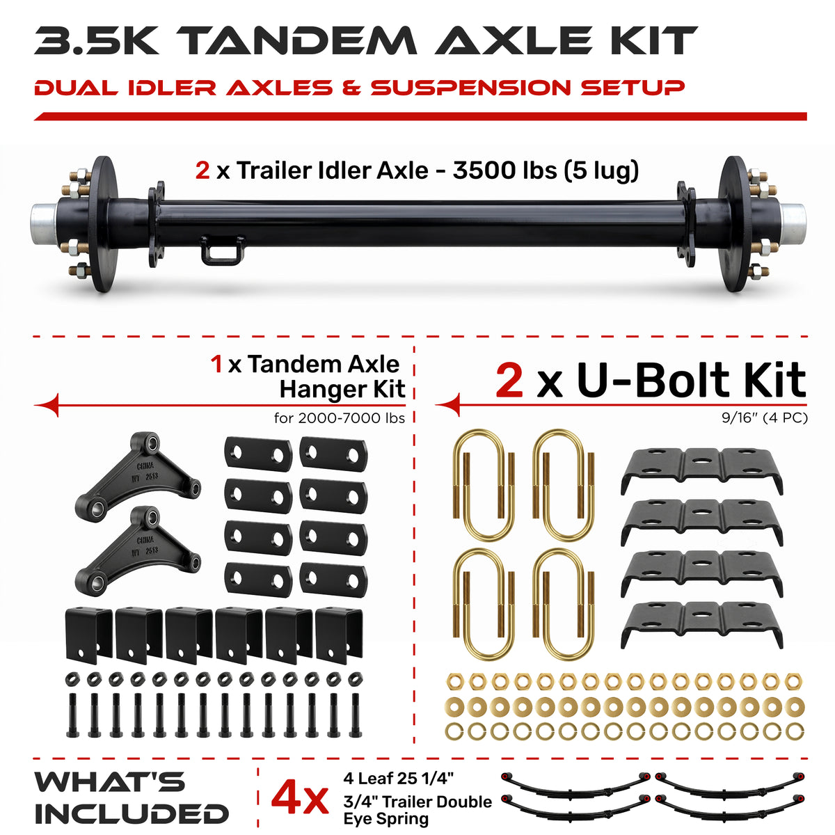 3500 lbs Tandem Axle Kit - Trailer Idler Axles & Suspension