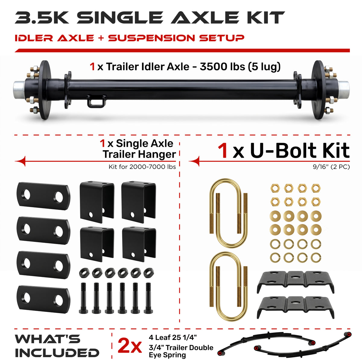 3500 lbs Single Axle Kit - Trailer Idler Axle & Suspension