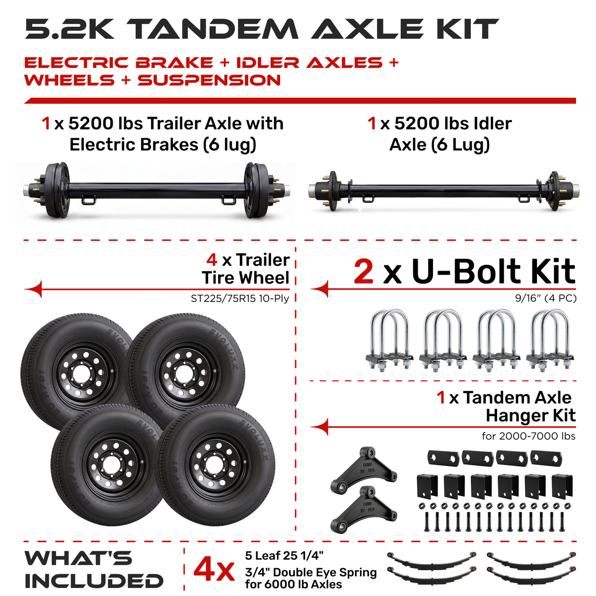 5200 lbs Tandem Trailer Axle Kit with Wheels - Electric Brake & Idler Trailer Axles