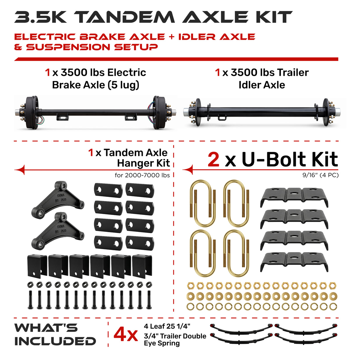 3500 lbs Tandem Axle Kit - Electric Trailer Brake & Idler Axles with Suspension