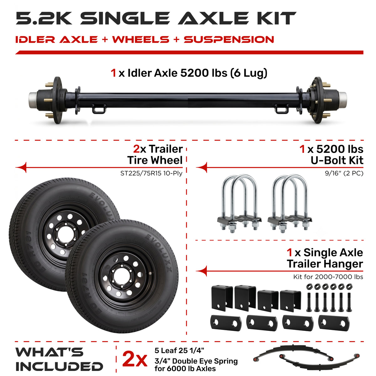 5200 lbs Single Axle Kit with Wheels – Idler Trailer Axle & Suspension