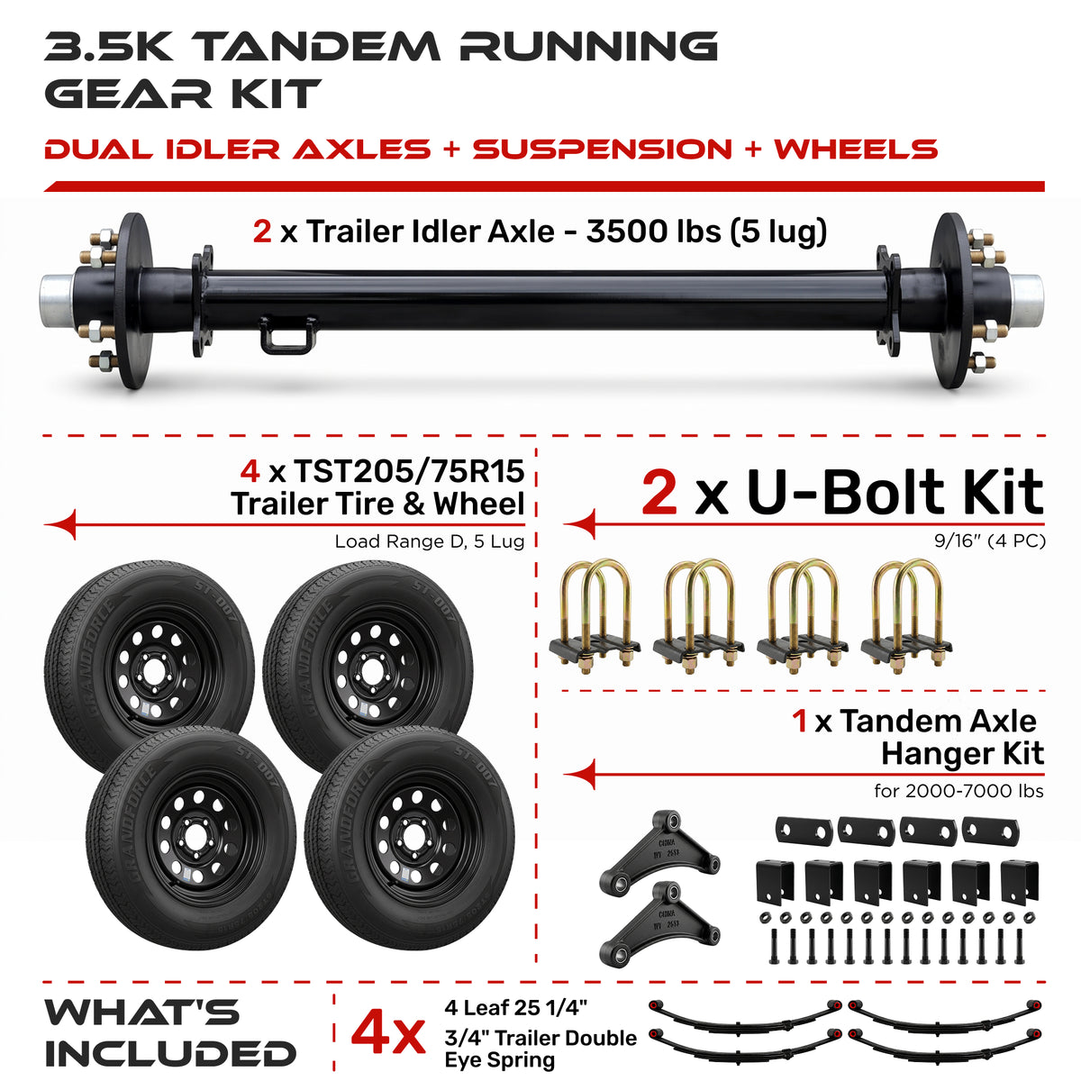 3500 lbs Tandem Axle Kit - Trailer Idler Axles, Suspension & Wheels