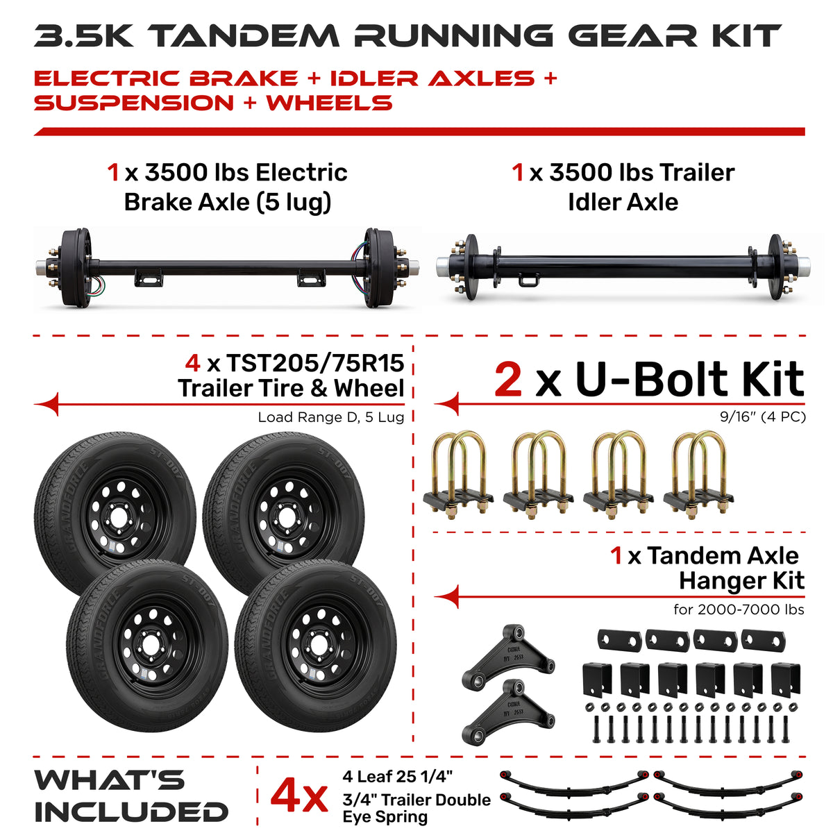 3500 lbs Tandem Axle Kit - Electric Trailer Brake & Idler Axles with Wheels