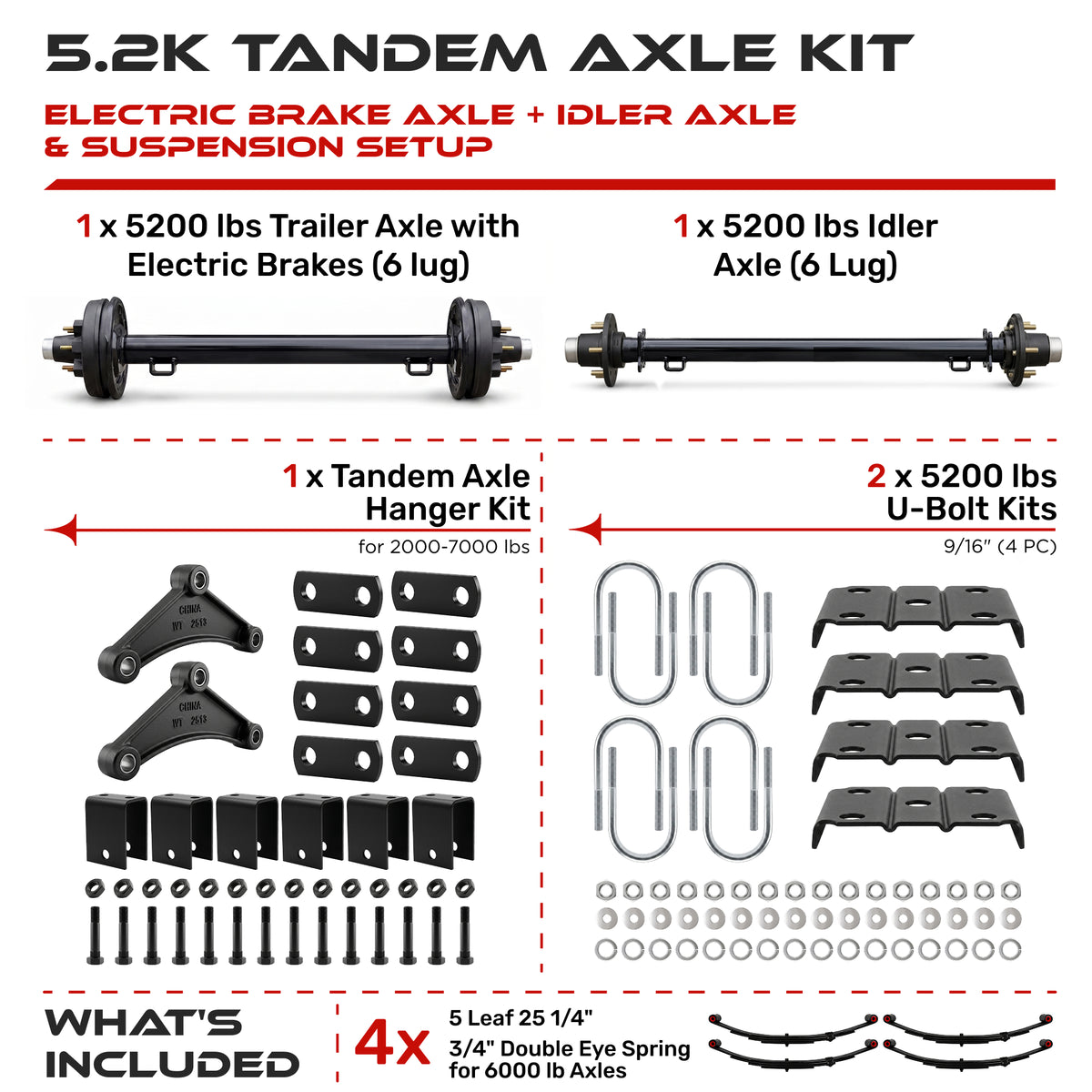 5200 lbs Tandem Axle Kit - Electric Trailer Brake & Idler Axles with Suspension