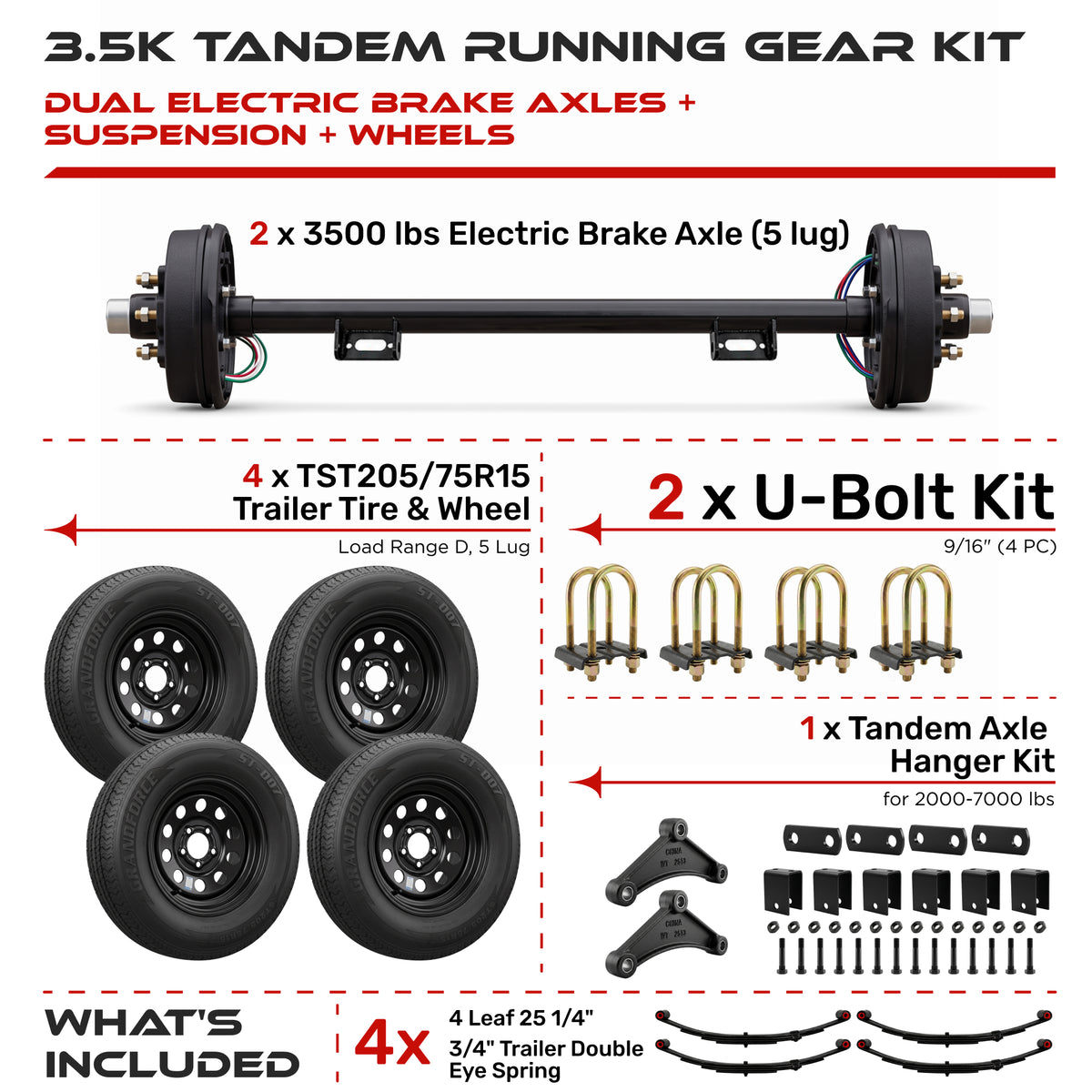 3500 lbs Tandem Axle Kit - Electric Trailer Brake Axles, Suspension & Wheels