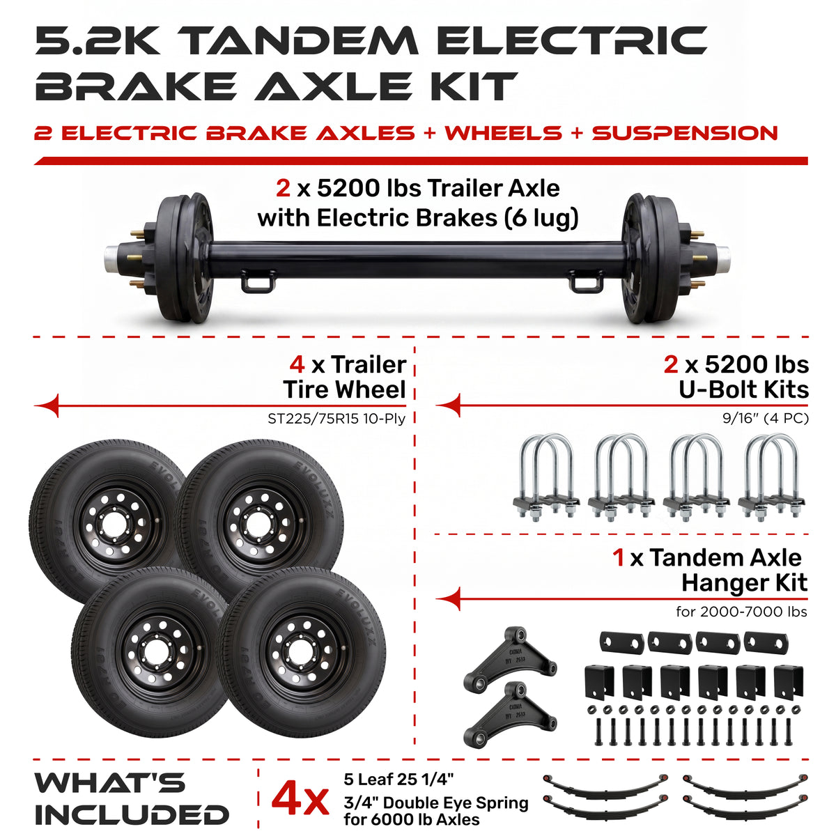 5200 lbs Tandem Trailer Axle Kit with Wheels - Dual Electric Trailer Brake Axles