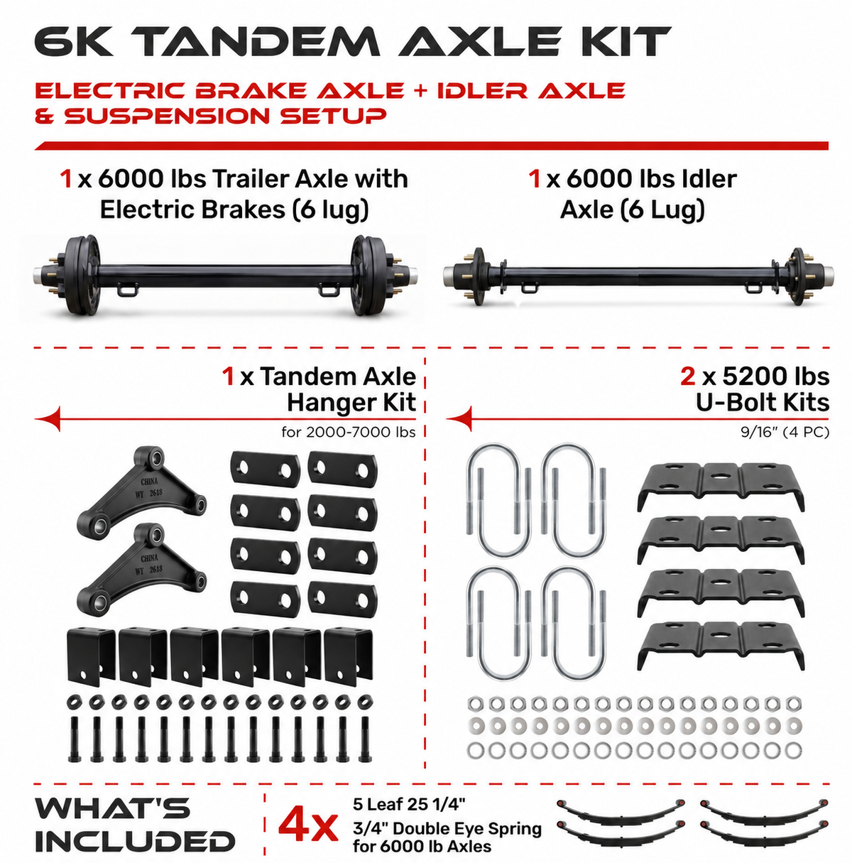 6000 lbs Tandem Axle Kit - Electric Trailer Brake & Idler Axles with Suspension