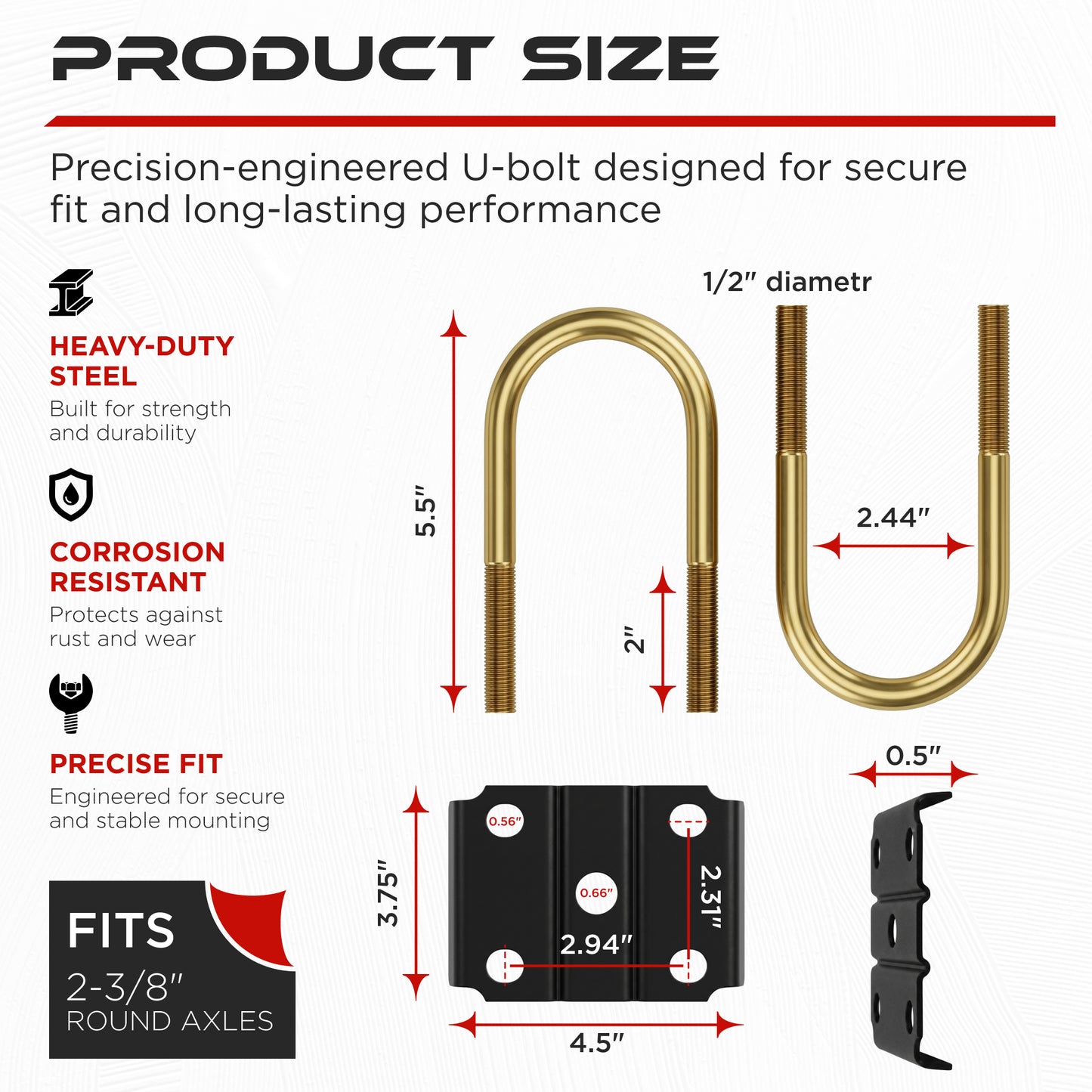 9/16" U-Bolt Kit 3500 lbs for 2-3/8" Round Axle (2 Pack)