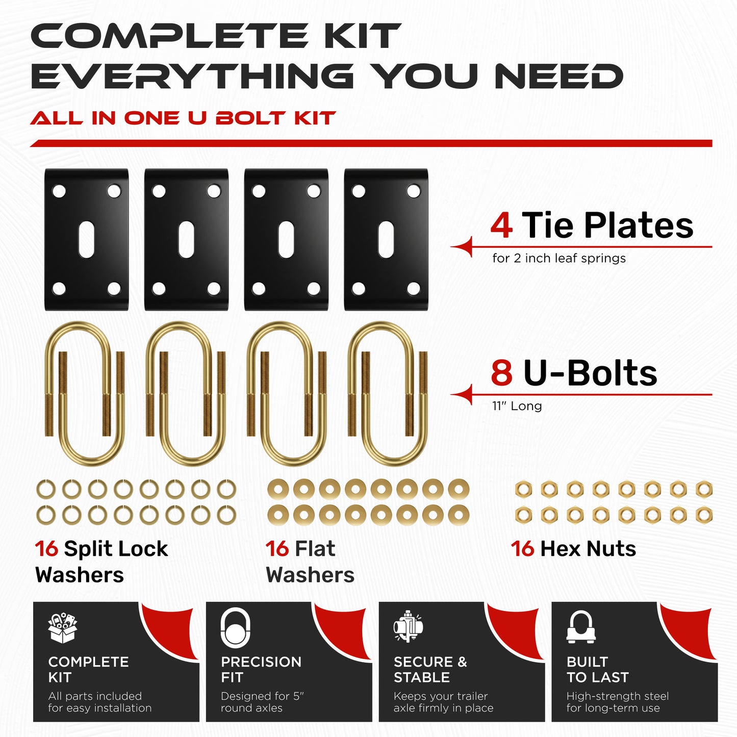 9/16" Trailer U-Bolt Kit 10000 lbs for 5" Tube Axles (4 Pack)