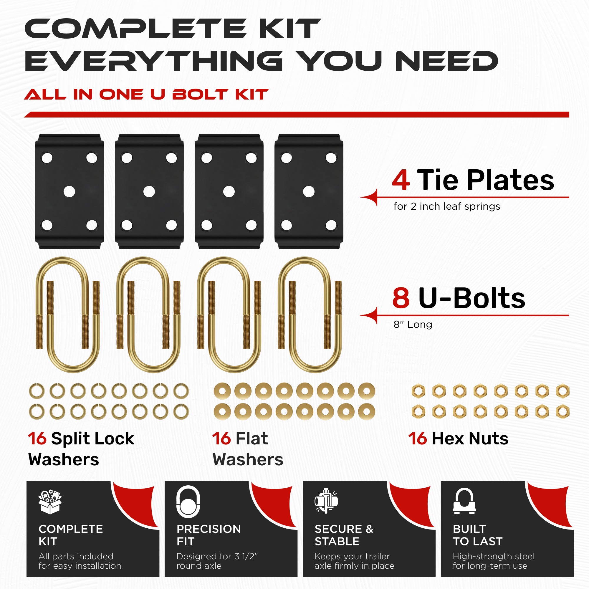 9/16" U-Bolt Kit 8000 lbs for 3.5" Trailer Axle (4 Pack)