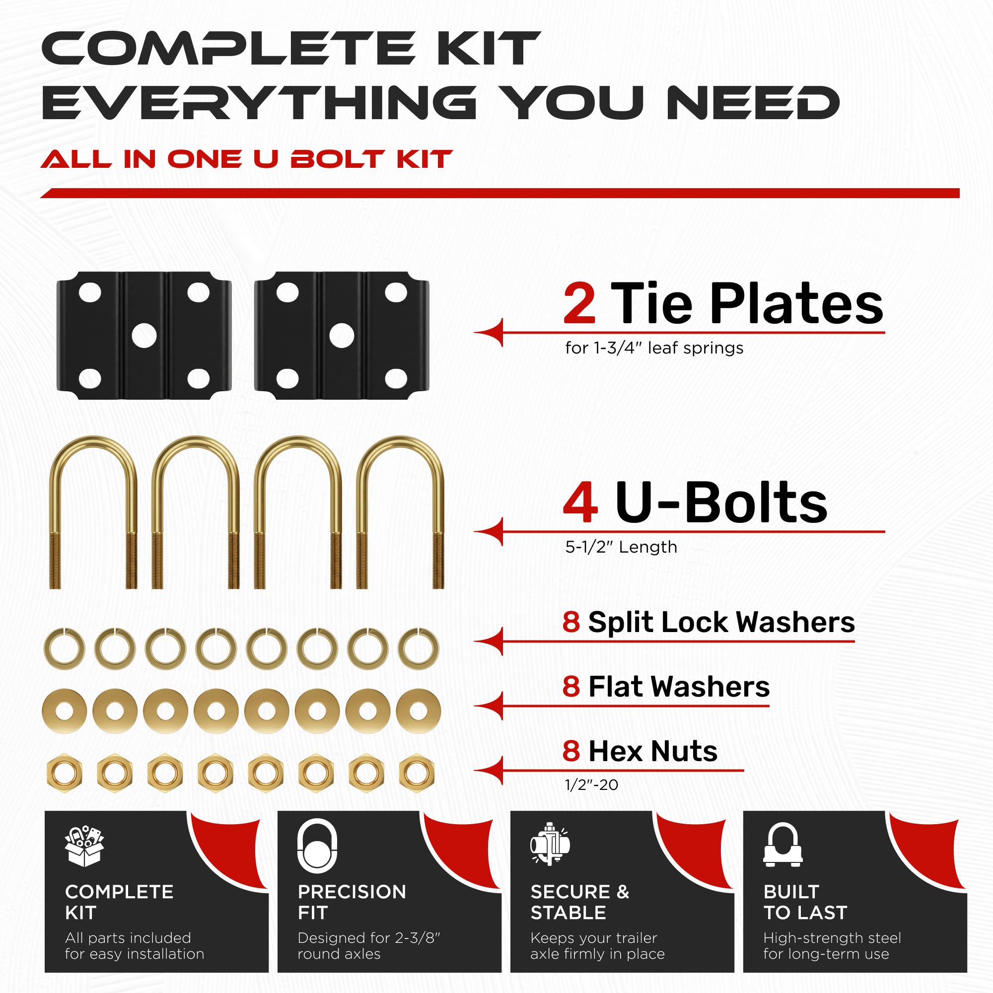 9/16" U-Bolt Kit 3500 lbs for 2-3/8" Round Axle (2 Pack)