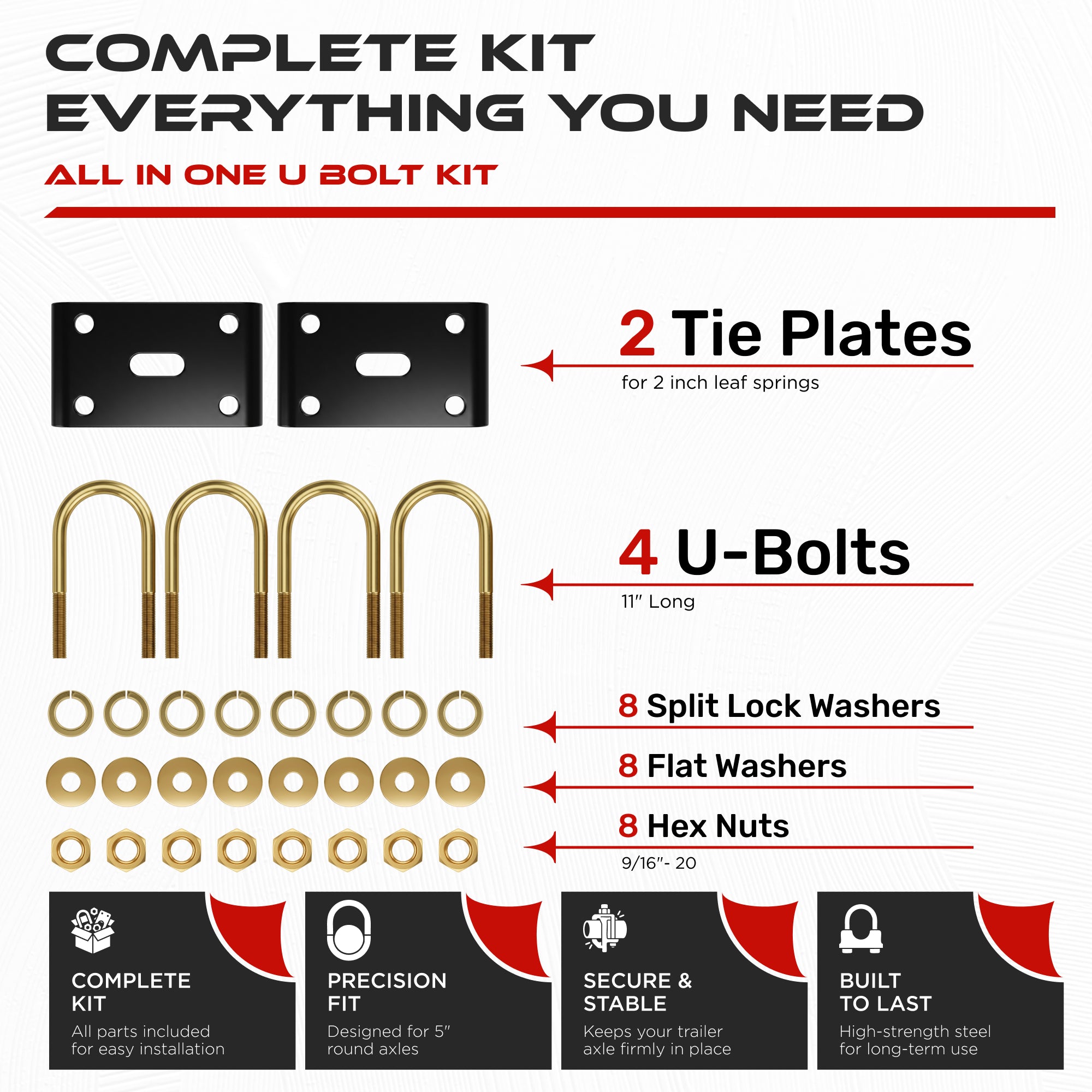 9/16" Trailer U-Bolt Kit 10000 lbs for 5" Tube Axles (2 Pack)