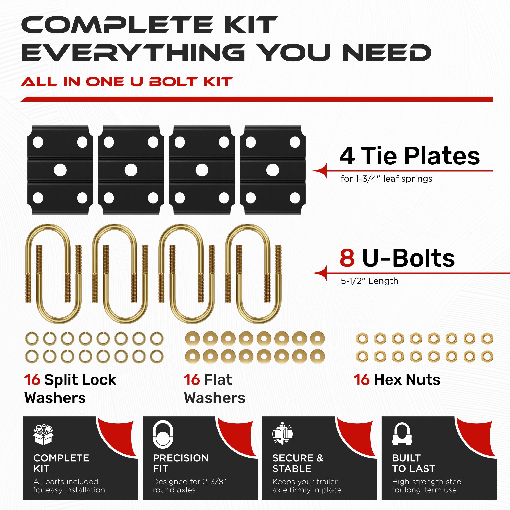 9/16" U-Bolt Kit 3500 lbs for 2-3/8" Round Axle (4 Pack)