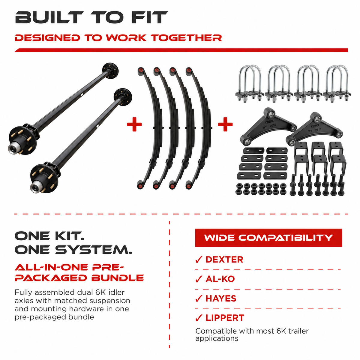 6000 lbs Tandem Trailer Axle Kit - 6 Lug Idler Axles & Suspension