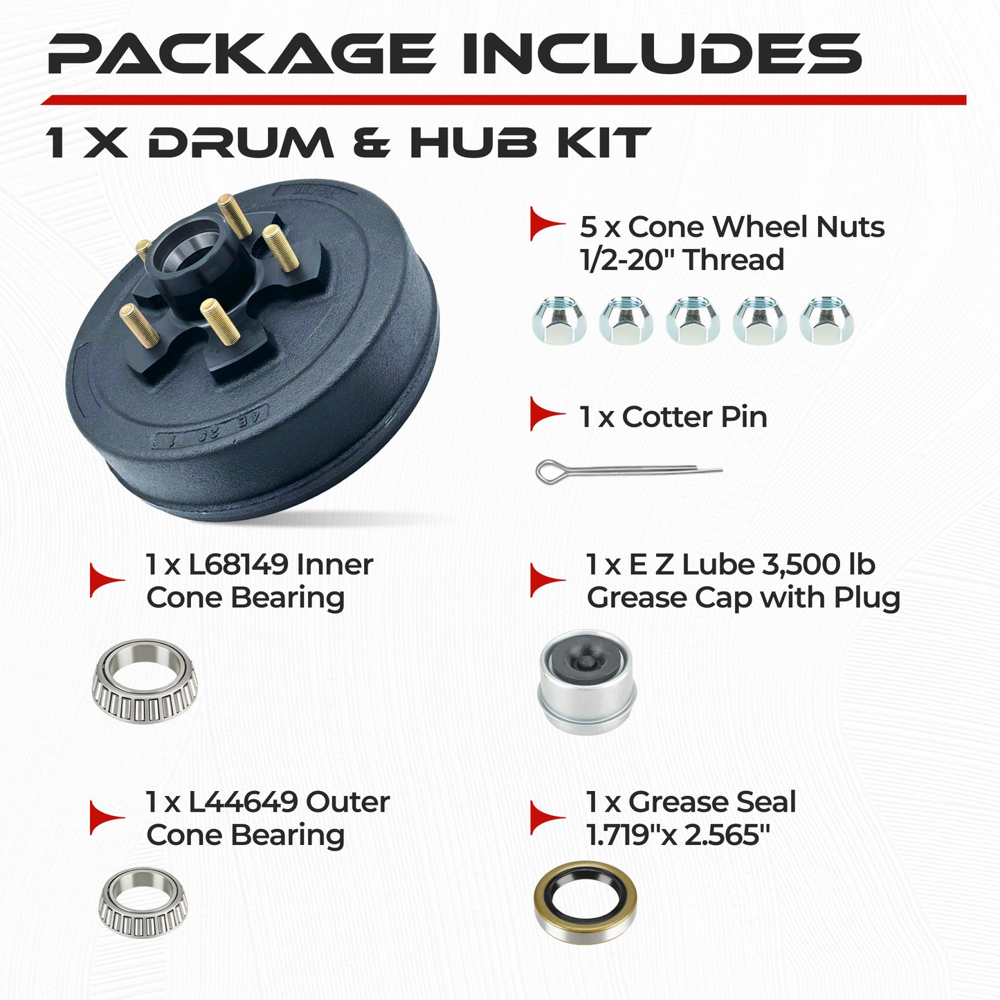 Trailer Hub and Drum Assembly Kit for 3500 lbs Axle (5 Lug)