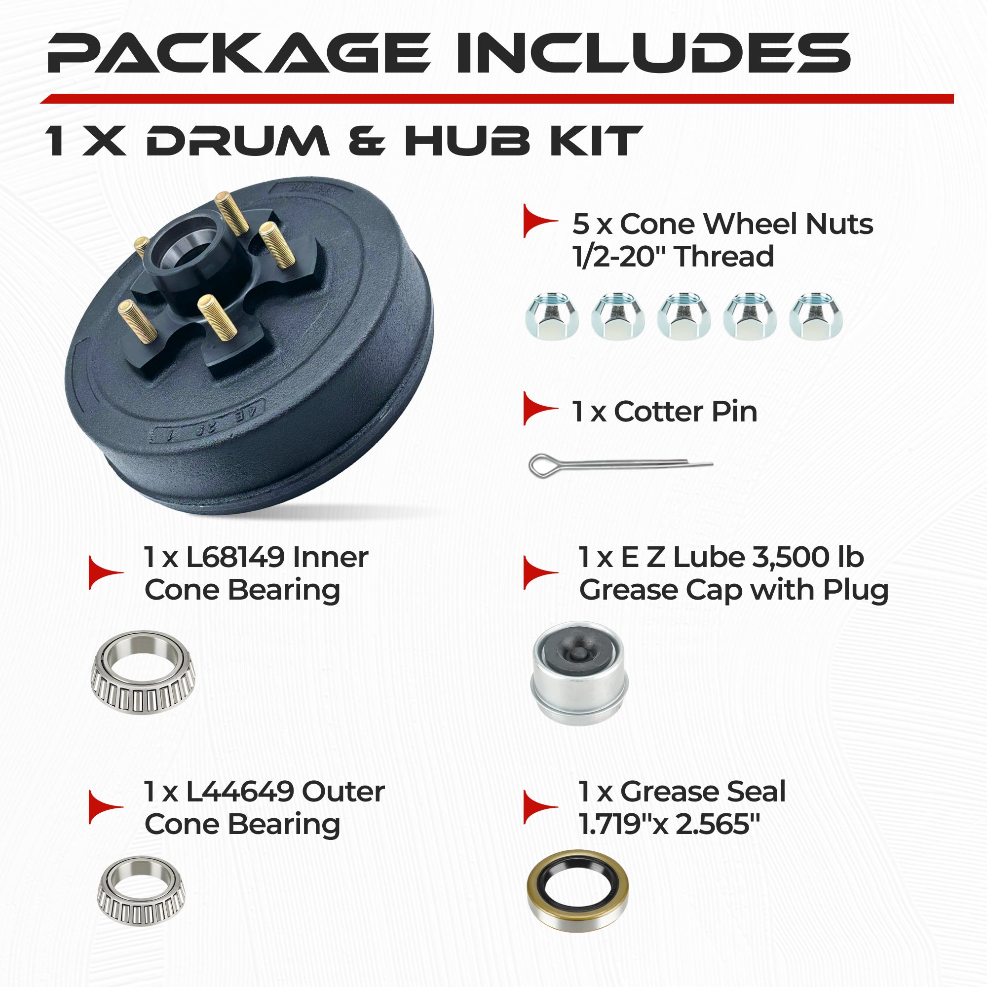 Trailer Hub and Drum Assembly Kit for 3500 lbs Axle (5 Lug)