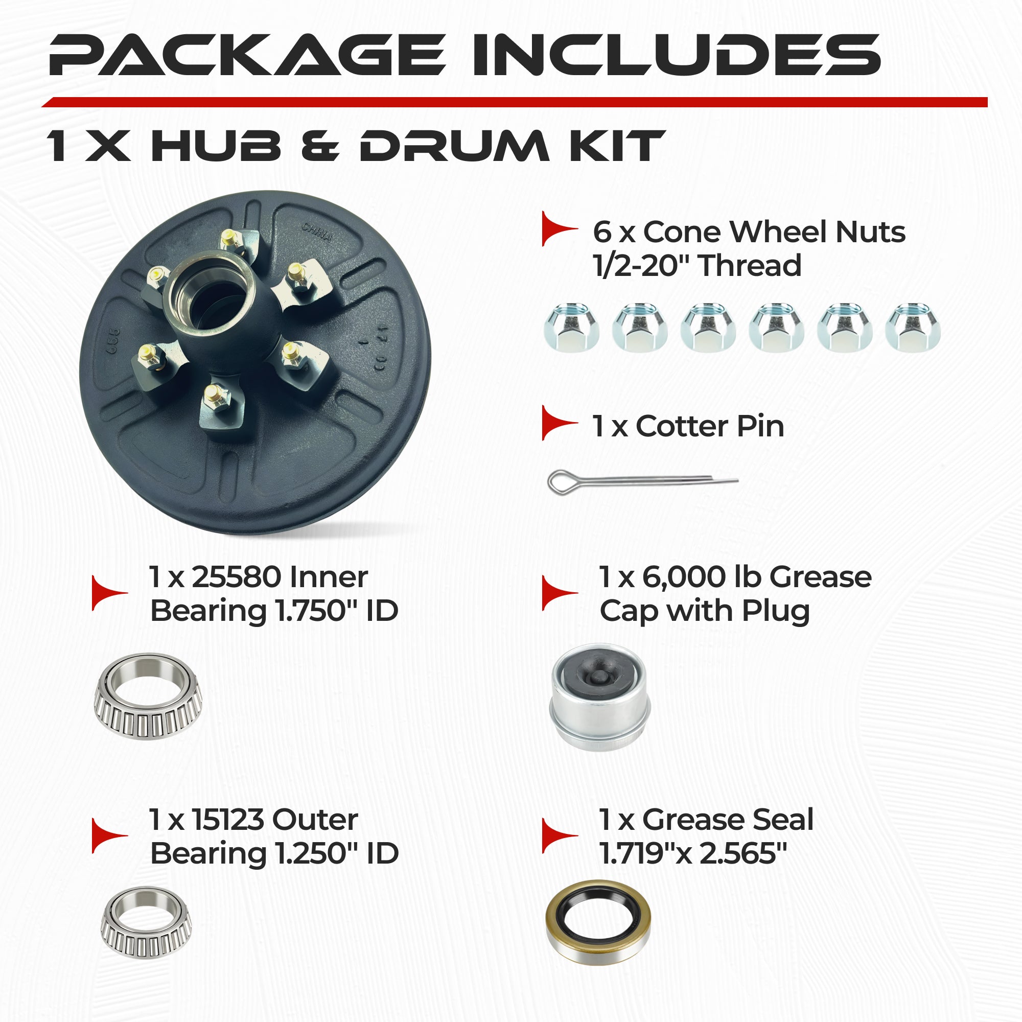 Hub and Drum Assembly Kit for 6000 lbs Axle (6 Lug)
