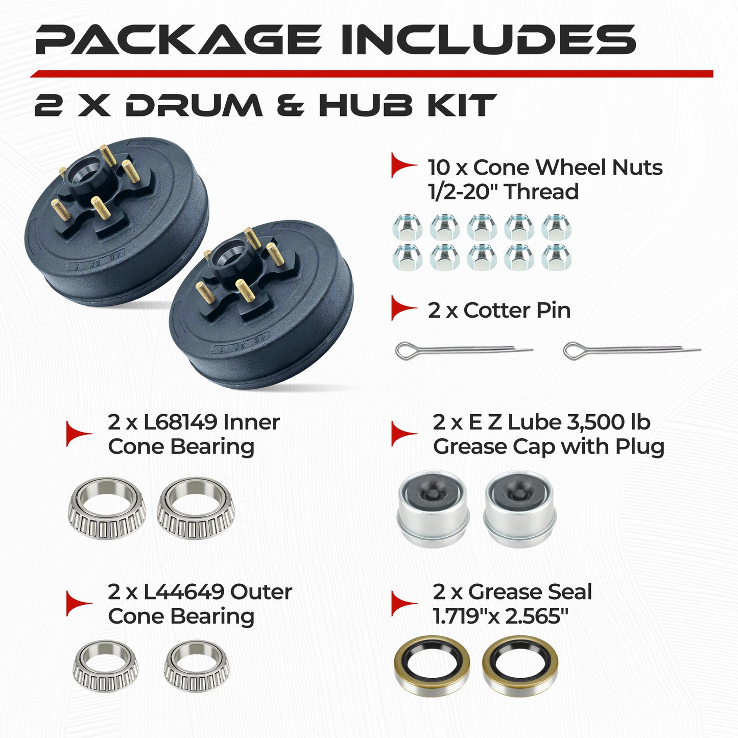 Trailer Hub and Drum Assembly Kit for 3500 lbs Axle (Set of 2)