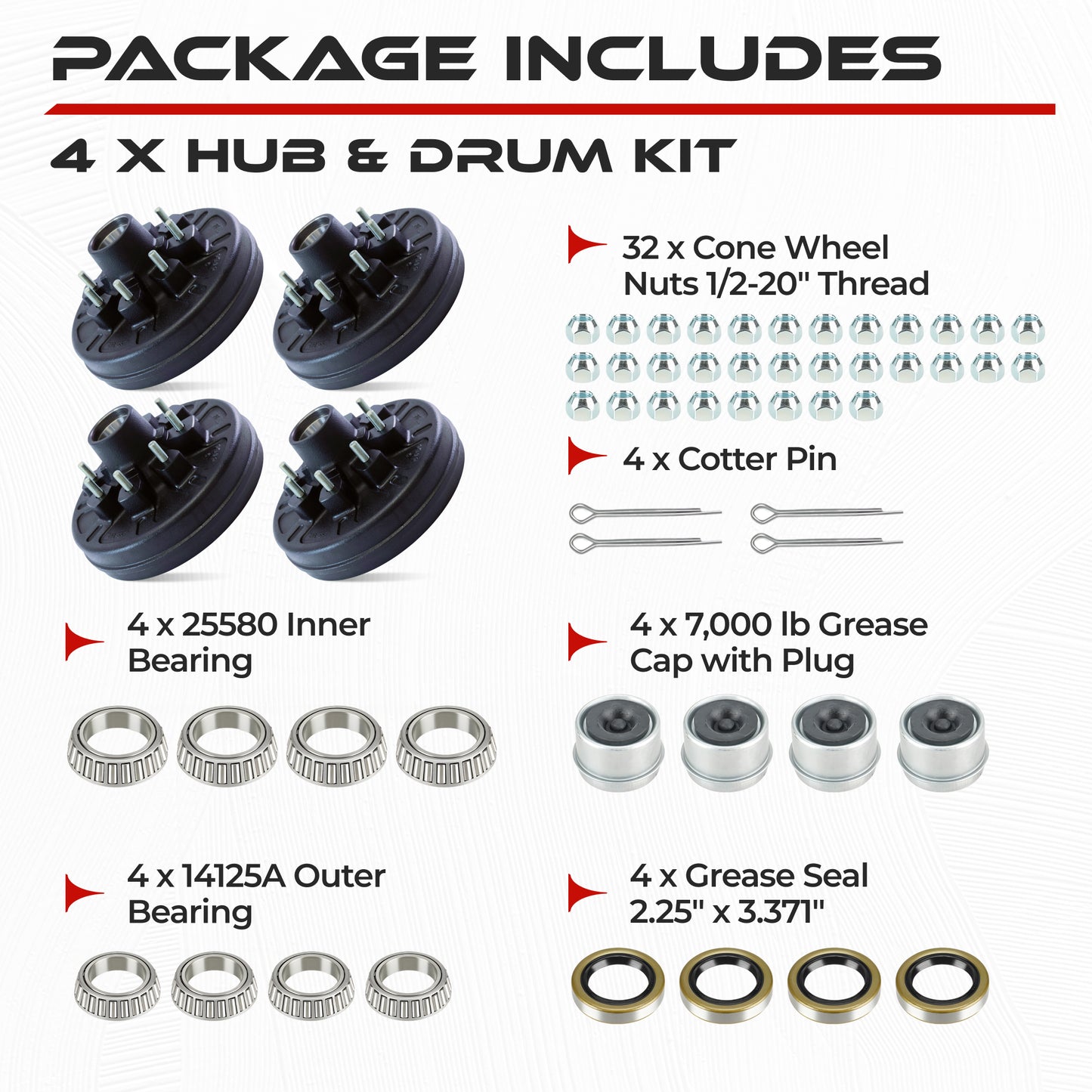 Hub and Drum Assembly Kit for 7000 lbs Axle (Set of 4)