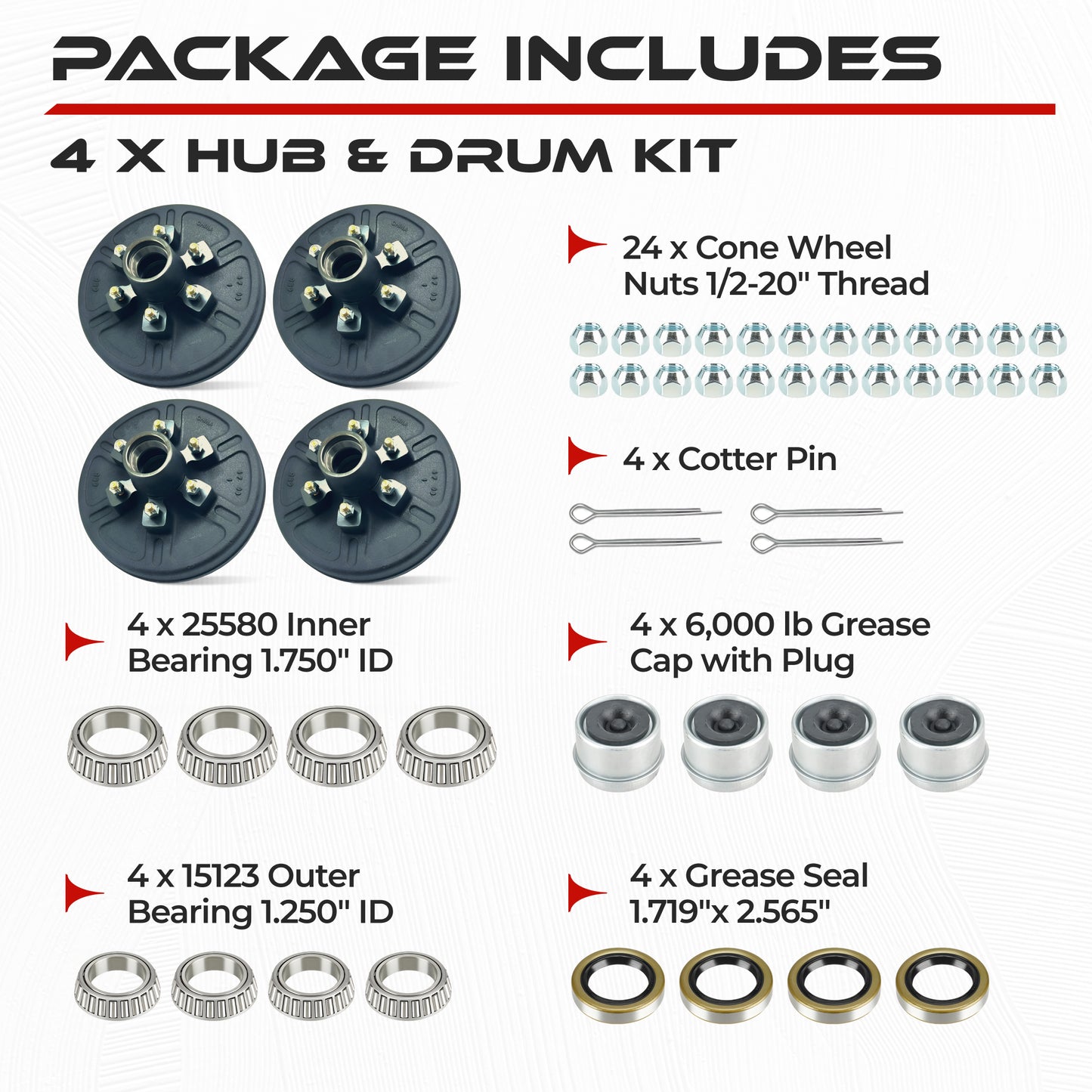 Hub and Drum Assembly Kit for 6000 lbs Axle (Set of 4)