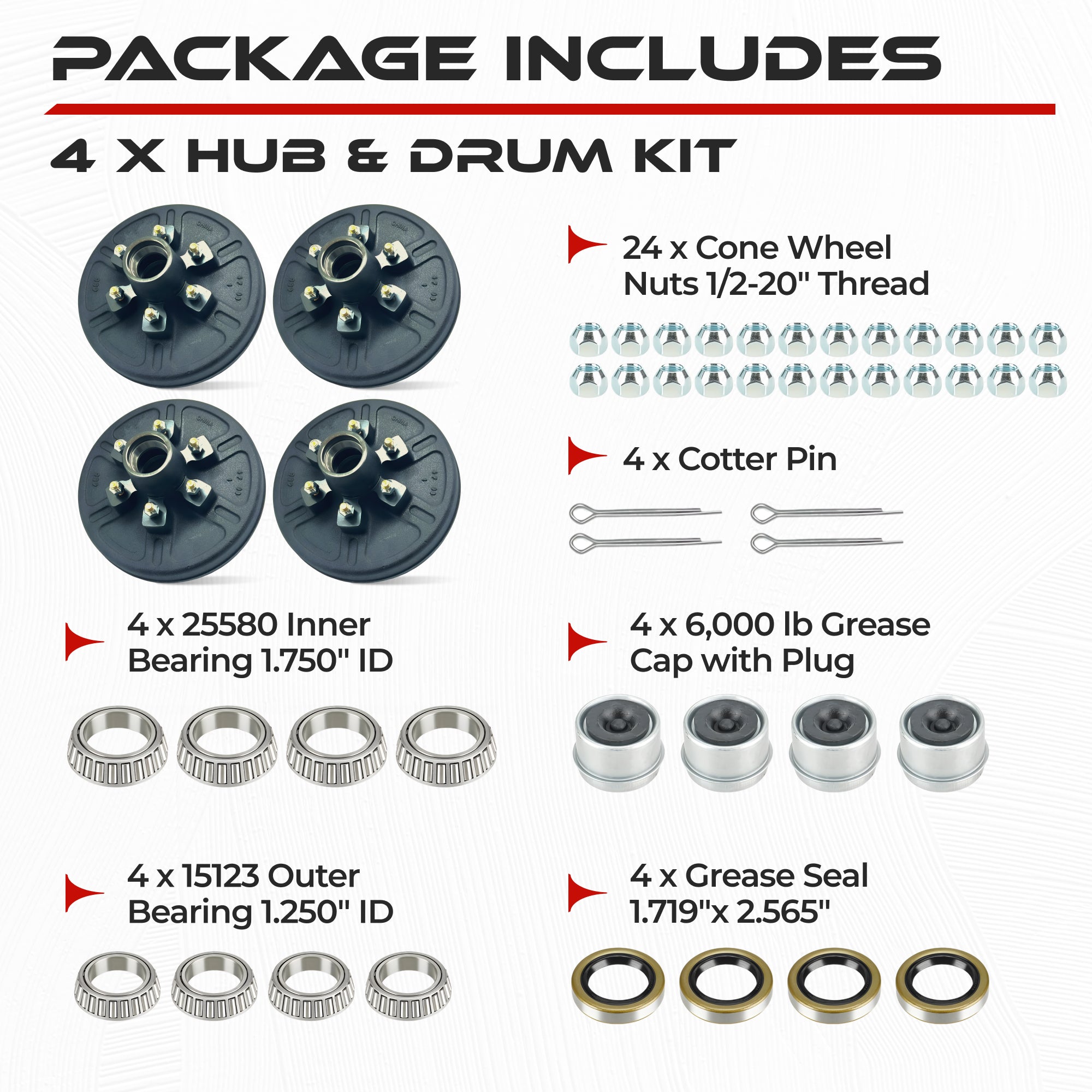 Hub and Drum Assembly Kit for 6000 lbs Axle (Set of 4)