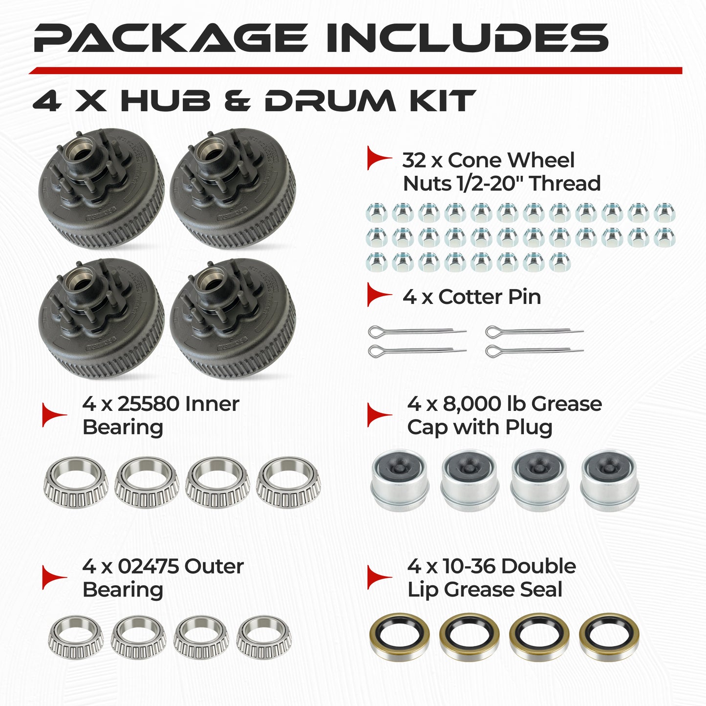 True Hub and Drum Assembly Kit for 8000 lbs Axle (Set of 4)