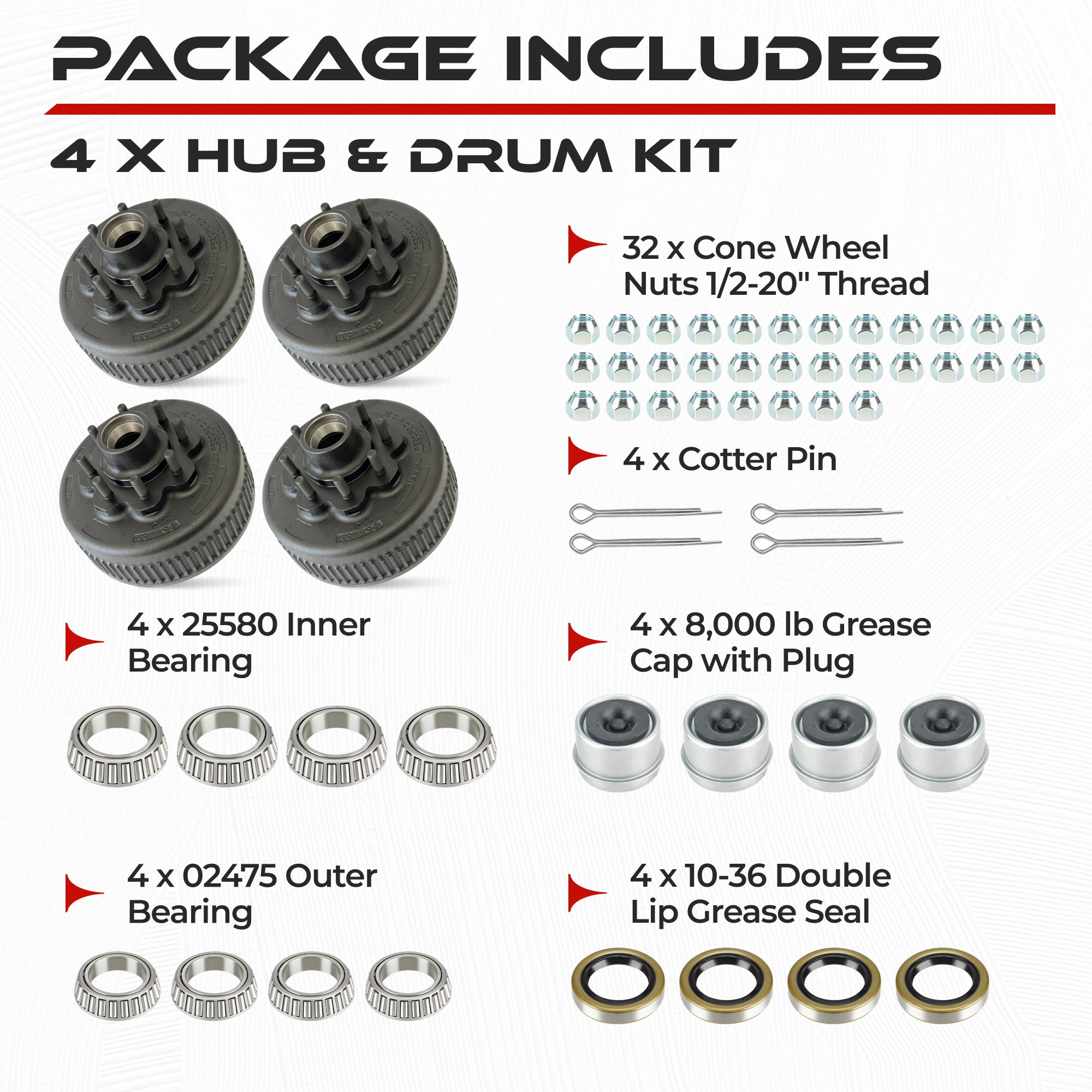 True Hub and Drum Assembly Kit for 8000 lbs Axle (Set of 4)
