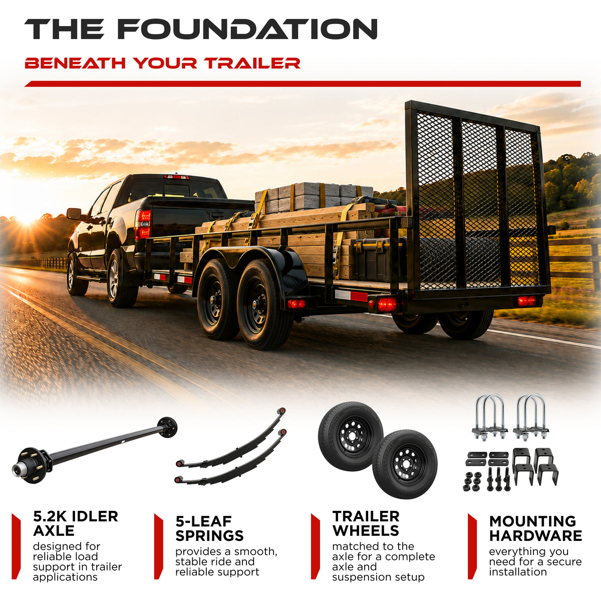 5200 lbs Single Axle Kit with Wheels – Idler Trailer Axle & Suspension