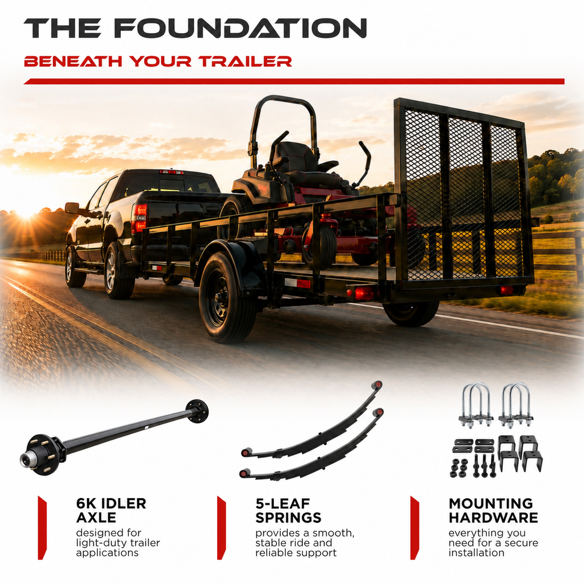 6000 lbs Trailer Axle Kit - 6 Lug Idler Axle, Double Eye Springs & Suspension