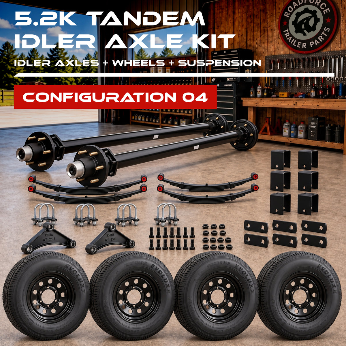 5200 lbs Tandem Trailer Axle Kit with Wheels - Dual Idler Axles