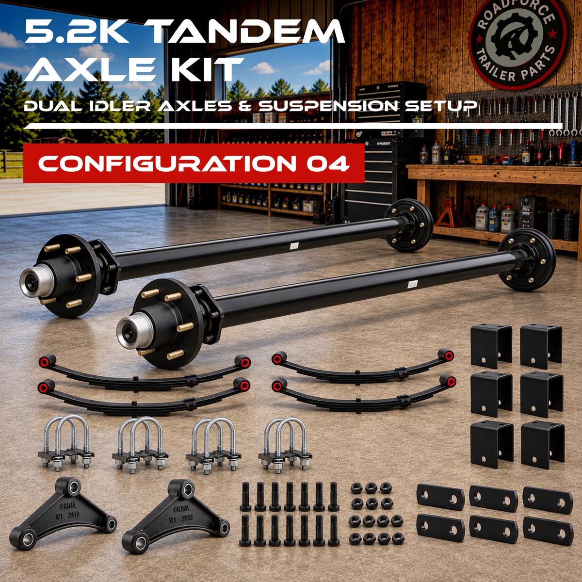 5200 lbs Tandem Trailer Axle Kit - 6 Lug Idler Axles & Suspension