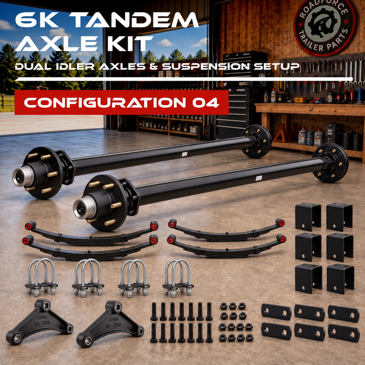 6000 lbs Tandem Trailer Axle Kit - 6 Lug Idler Axles & Suspension