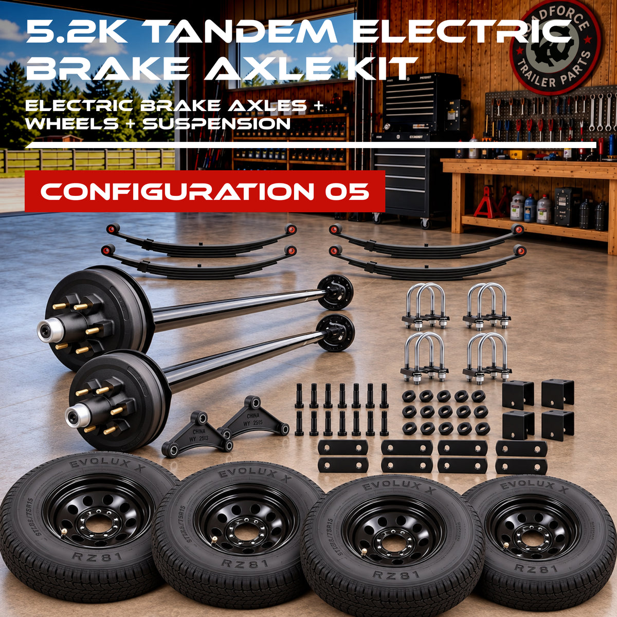 5200 lbs Tandem Trailer Axle Kit with Wheels - Dual Electric Trailer Brake Axles